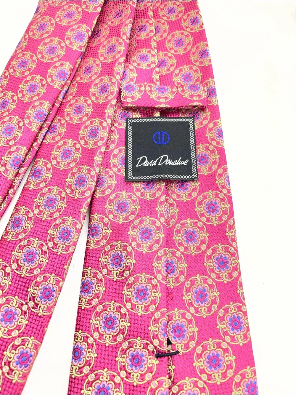 David Donahue Fuchsia Silk Tie with Blue and Gold Medallions